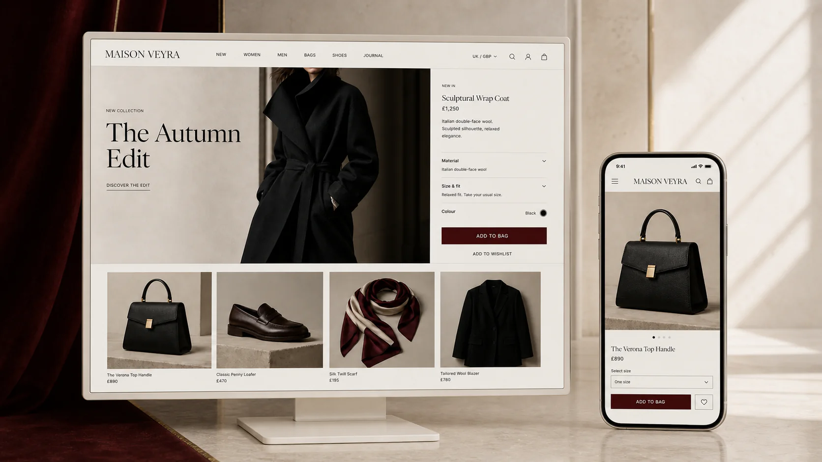 Maison Veyra desktop and mobile fashion-commerce interfaces