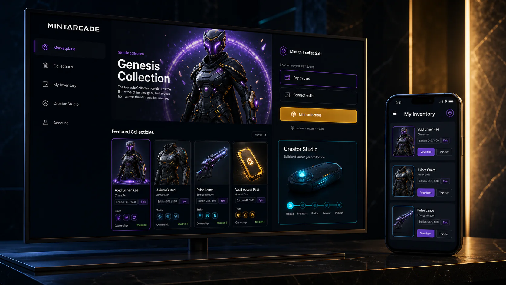 MintArcade marketplace and inventory interfaces using original game assets