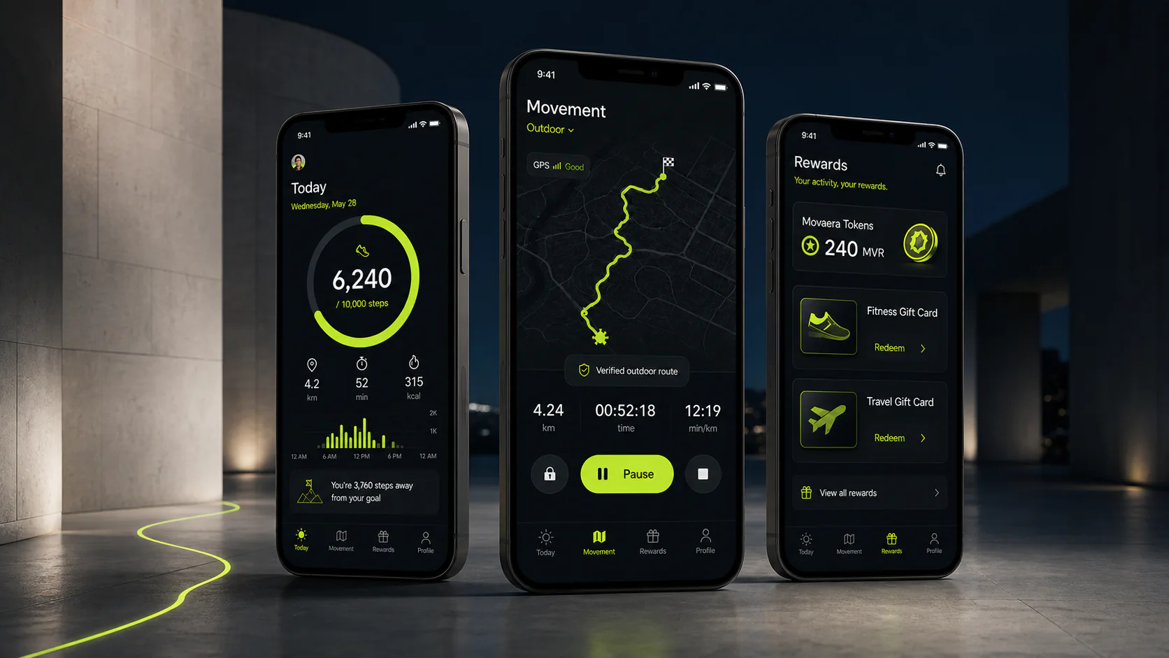Movaera mobile interfaces showing activity, route, and rewards screens