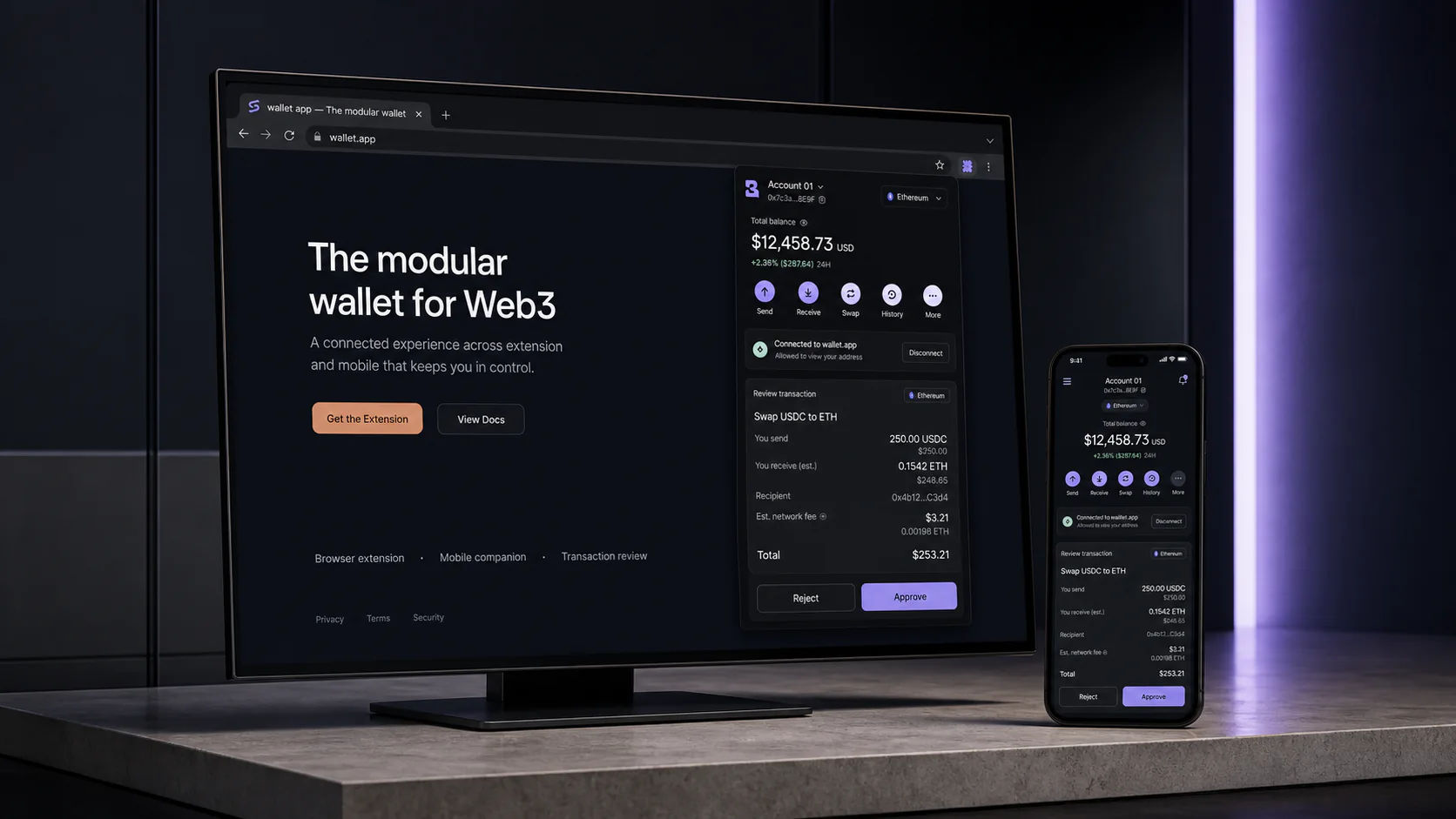 Signavale browser extension and mobile wallet interfaces