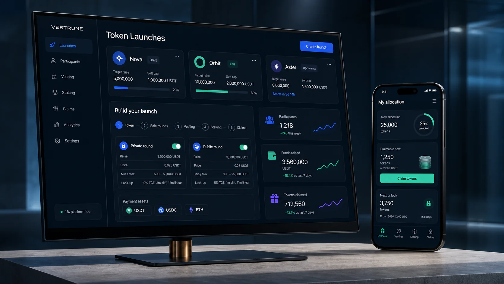 Vestrune desktop and mobile token launch interfaces
