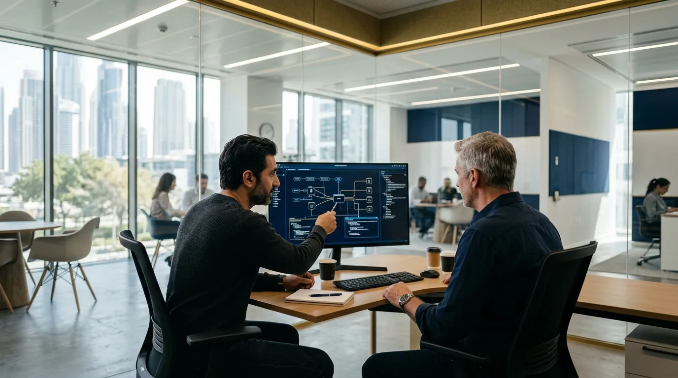 2 senior engineers reviewing a system architecture diagram in a bright modern workspace