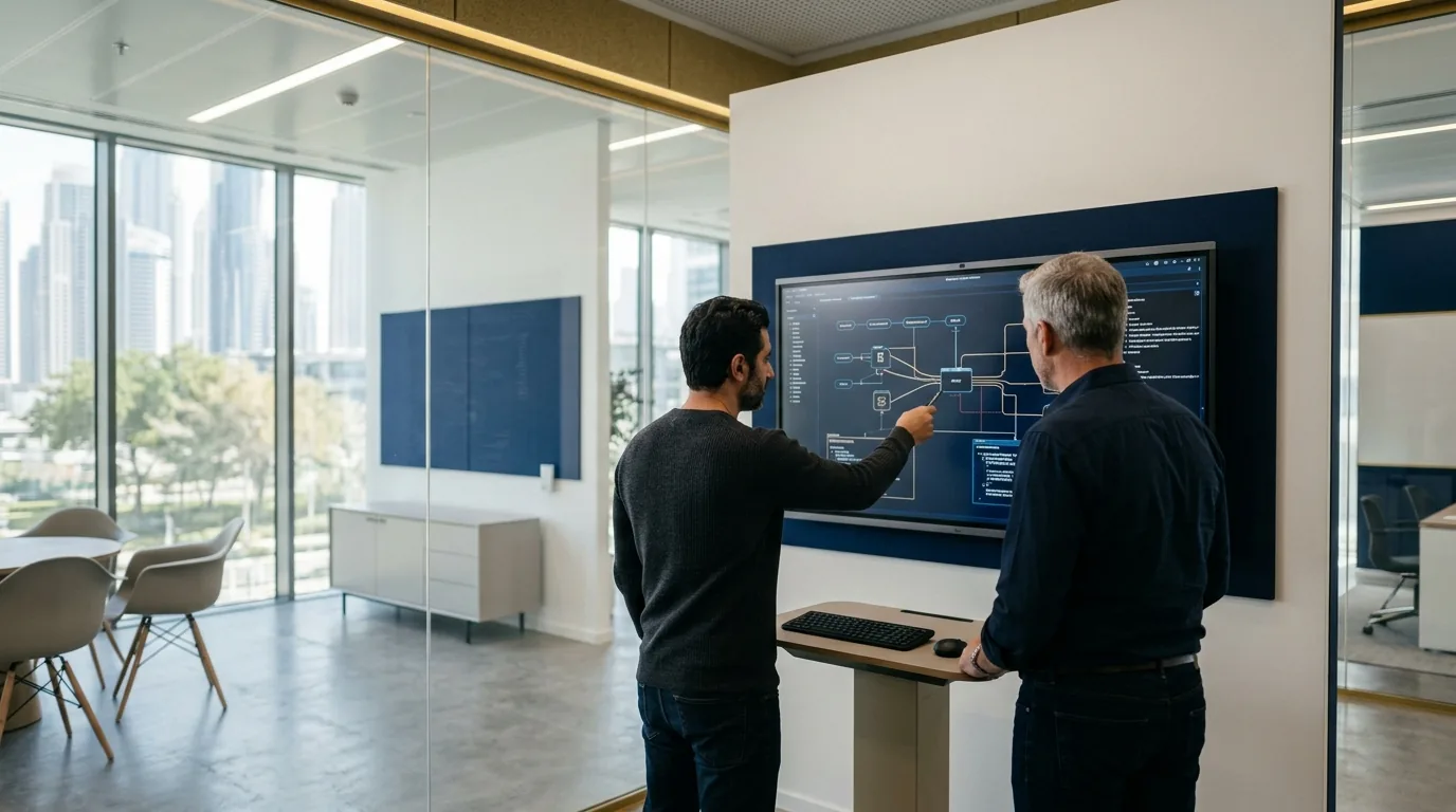 2 senior engineers reviewing an architecture diagram on a wall-mounted display
